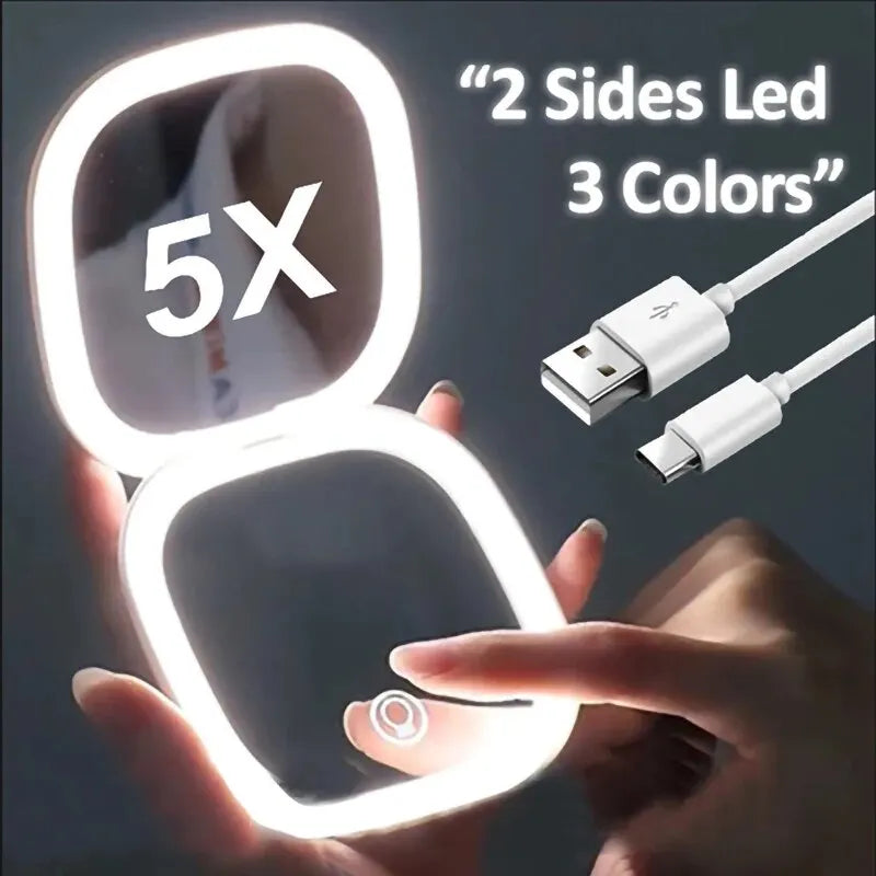 Double LED Light Compact Makeup Mirror with 5x Magnifier