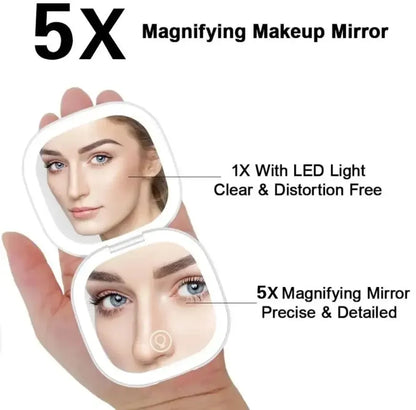 Double LED Light Compact Makeup Mirror with 5x Magnifier