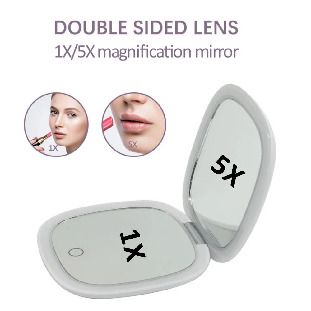 Double LED Light Compact Makeup Mirror with 5x Magnifier